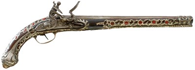 Lot A SCARCE 18-BORE SILVER AND CORAL MOUNTED ALGERIAN FLINTLOCK HOLSTER PISTOL