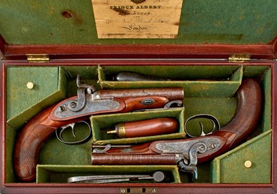 Lot A GOOD CASED PAIR OF 28-BORE DOUBLE BARRELLED PERCUSSION OFFICER'S OR COACHING PISTOLS BY WESTLEY RICHARDS