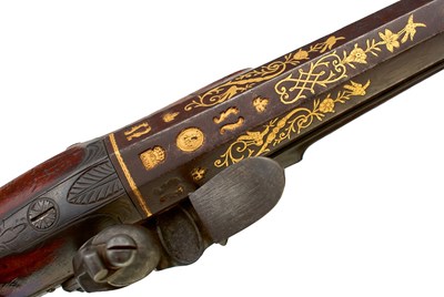 Lot A 15-BORE GOLD INLAID SPANISH BARRELLED FLINTLOCK SPORTING GUN BY MOORE