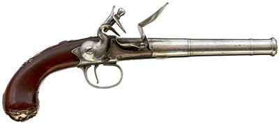 Lot A PAIR OF SILVER MOUNTED 22-BORE QUEEN ANNE PISTOLS BY HALL OF LONDON