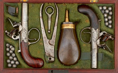 Lot A SCARCE CASED PAIR OF 77-BORE FLINTLOCK MUFF PISTOLS BY W. BOND
