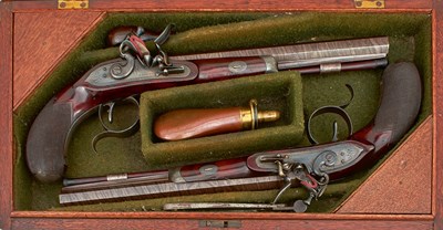 Lot A CASED PAIR OF 25-BORE IRISH FLINTLOCK DUELLING PISTOLS BY THOMAS FOWLER OF DUBLIN