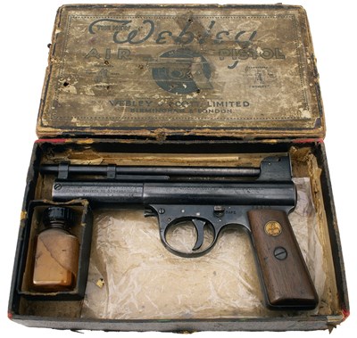 Lot 417 - A BOXED .177 CALIBRE ANTIQUE WEBLEY MKI AIR PISTOL