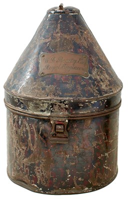 Lot A JAPANNED BLUE CLOTH HELMET TIN