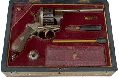 Lot A SCARCE CASED FRENCH 9MM 12-SHOT PINFIRE REVOLVERBY VERNEY OF LYON