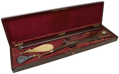 Lot 208 - A FINE CASED DOUBLE BARRELLED 20-BORE PERCUSSION SPORTING GUN BY LOUIS MALHERBE OF LIEGE