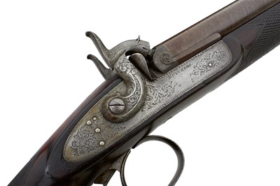 Lot 222 - A CASED 20-BORE DOUBLE BARRELLED PERCUSSION SPORTING GUN BY HUTCHINS