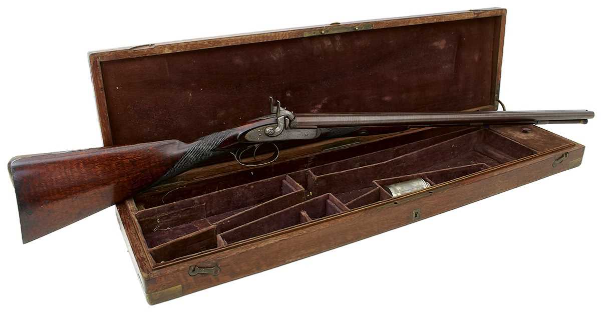 Lot 222 - A CASED 20-BORE DOUBLE BARRELLED PERCUSSION SPORTING GUN BY HUTCHINS