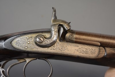 Lot 222 - A CASED 20-BORE DOUBLE BARRELLED PERCUSSION SPORTING GUN BY HUTCHINS