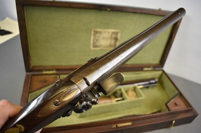 Lot 229 - A CASED PAIR OF 10-BORE FLINTLOCK LONG BARRELLED DUELLING OR OFFICER'S PISTOLS BY PARKER OF LONDON