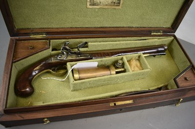 Lot 229 - A CASED PAIR OF 10-BORE FLINTLOCK LONG BARRELLED DUELLING OR OFFICER'S PISTOLS BY PARKER OF LONDON