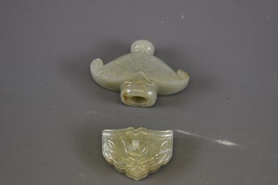 Lot 33 - TWO 17TH/18TH CENTURY CHINESE JADE SWORD OR JIAN MOUNTS