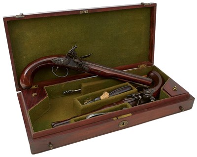 Lot 228 - A GOOD CRISP CASED PAIR OF 32-BORE FLINTLOCK DUELLING PISTOLS BY ROBERT WOGDON