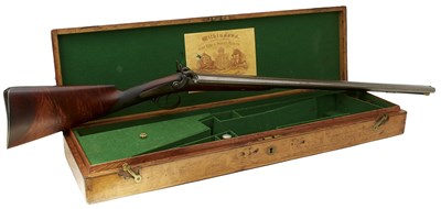 Lot 205 - A CASED 18-BORE DOUBLE BARRELLED PERCUSSION SPORTING GUN BY J. WILKINSON & SON