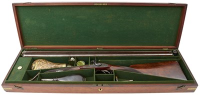 Lot 468 - A CLEAN CASED 14-BORE DOUBLE BARRELLED PERCUSSION SPORTING GUN BY THOMAS HILL OF DUNSE