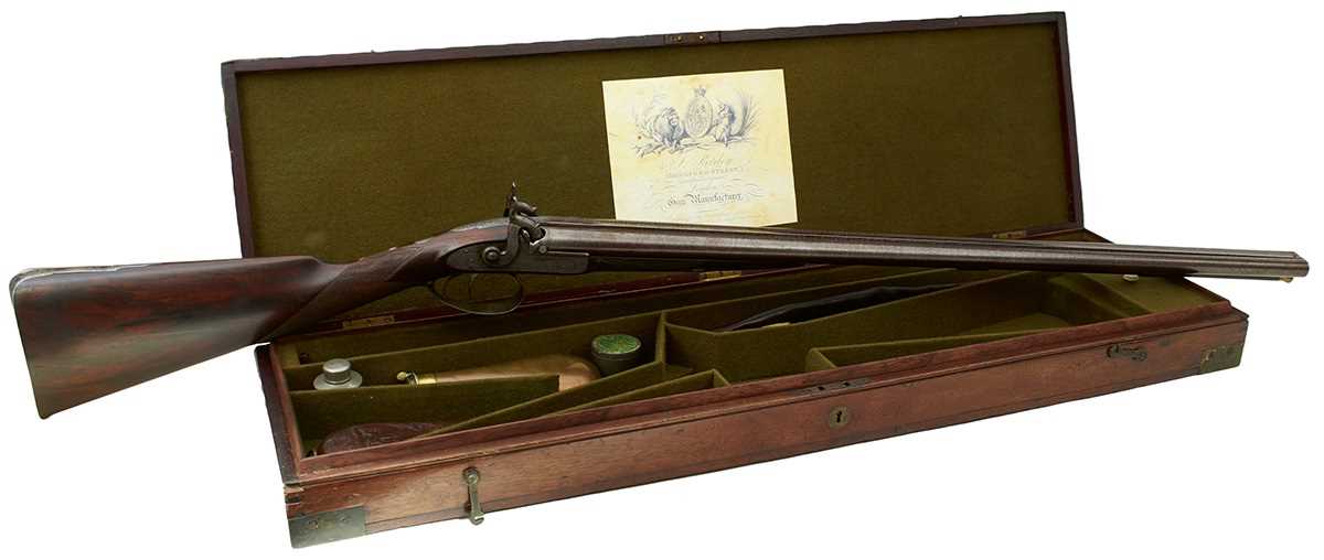 Lot 587 - A CASED 16-BORE DOUBLE BARRELLED PERCUSSION