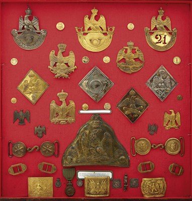 Lot 735 - COPY IMPERIAL FRENCH SHAKO PLATES, FUR CAP PLATE, WAIST BELT PLATES AND CLASPS, BADGES AND BUTTONS.